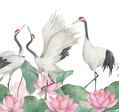 Binnengordijn met kraanvogels tussen de lelies