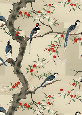 Binnenrolgordijn voor raam met vogels in een boom
