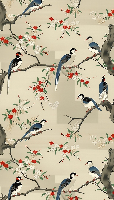 Binnenrolgordijn voor raam met vogels in een boom