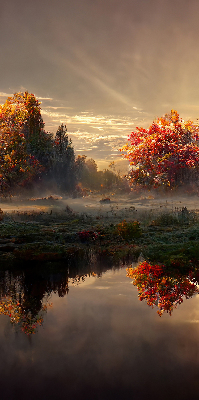 Binnenrolgordijn voor raam in de kleur zonsondergang achter de bomen
