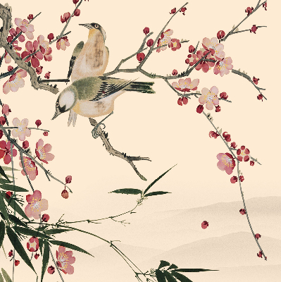 Rolgordijn voor raam met kersenbloesem en vogelprint