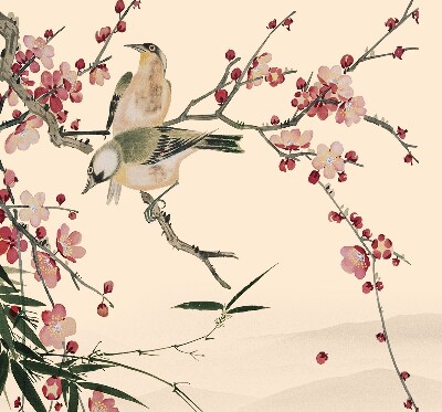 Rolgordijn voor raam met kersenbloesem en vogelprint