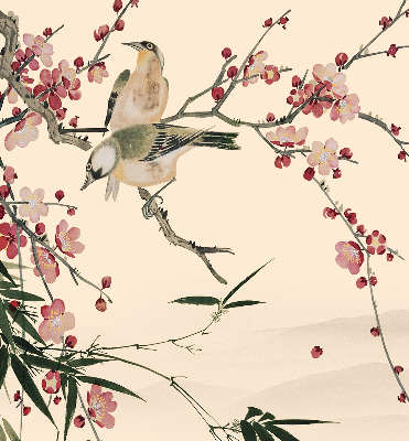 Rolgordijn voor raam met kersenbloesem en vogelprint