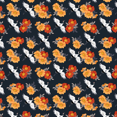 Binnenrolgordijn voor raam met bloemen en kraanvogels