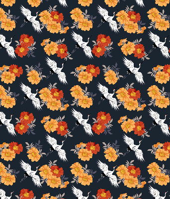 Binnenrolgordijn voor raam met bloemen en kraanvogels