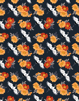 Binnenrolgordijn voor raam met bloemen en kraanvogels