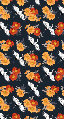 Binnenrolgordijn voor raam met bloemen en kraanvogels