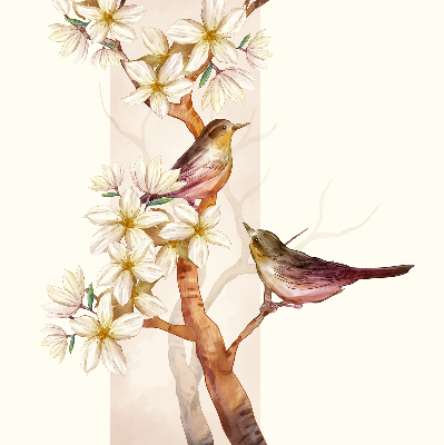 Rolgordijn voor raam met vogels in een boom met bloemen
