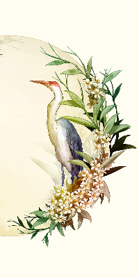 Binnengordijn met een kraanvogel in een cirkel van groen