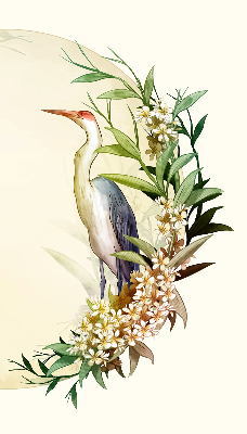 Binnengordijn met een kraanvogel in een cirkel van groen