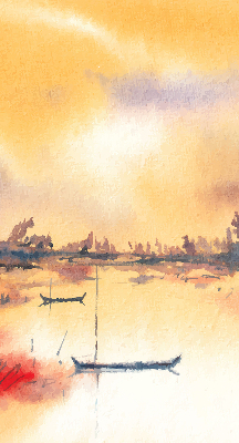 Binnengordijn zonsondergang boven het meer