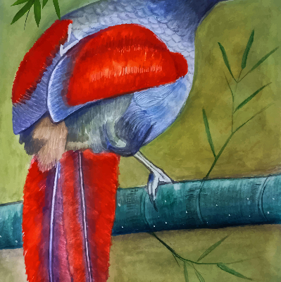 Binnenrolgordijn voor raam een vogel op een tak