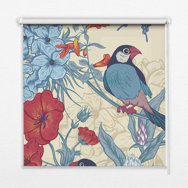 Stoffen rolgordijn met vogels tussen de bloemen