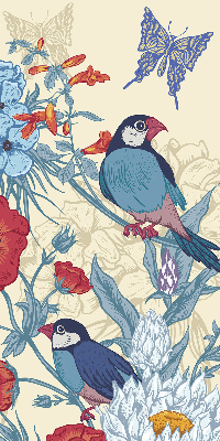 Stoffen rolgordijn met vogels tussen de bloemen