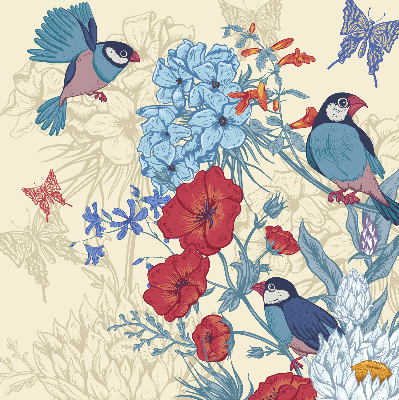 Stoffen rolgordijn met vogels tussen de bloemen