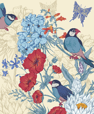 Stoffen rolgordijn met vogels tussen de bloemen