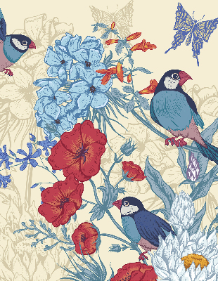 Stoffen rolgordijn met vogels tussen de bloemen