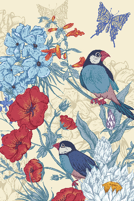 Stoffen rolgordijn met vogels tussen de bloemen