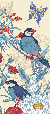 Stoffen rolgordijn met vogels tussen de bloemen