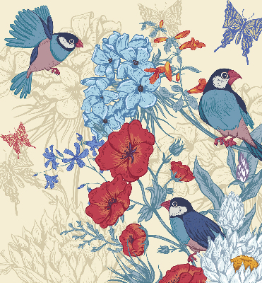 Stoffen rolgordijn met vogels tussen de bloemen