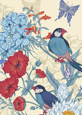 Stoffen rolgordijn met vogels tussen de bloemen