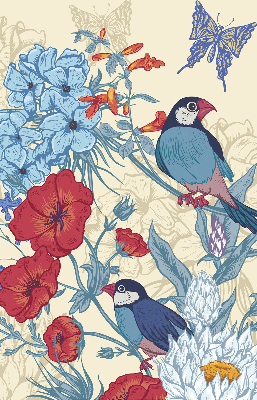 Stoffen rolgordijn met vogels tussen de bloemen