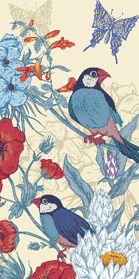 Stoffen rolgordijn met vogels tussen de bloemen