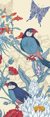 Stoffen rolgordijn met vogels tussen de bloemen