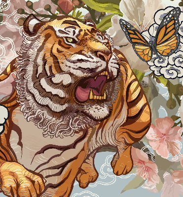 Binnenrolgordijn voor raam met tijger in bloemenprint