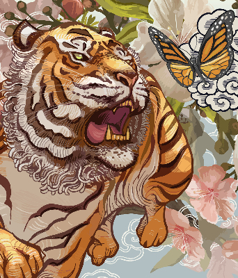 Binnenrolgordijn voor raam met tijger in bloemenprint