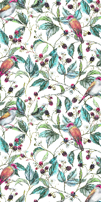 Verduisterend rolgordijn voor balkondeur met blauwe bladeren en kleurrijke vogels