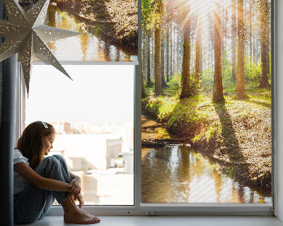 Binnenshuis verduisterend rolgordijn de zon schijnt door de bomen.