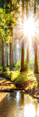 Binnenshuis verduisterend rolgordijn de zon schijnt door de bomen.
