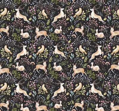Verduisterend rolgordijn voor balkondeur met een print van reeën, vogels en konijnen
