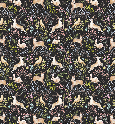 Verduisterend rolgordijn voor balkondeur met een print van reeën, vogels en konijnen