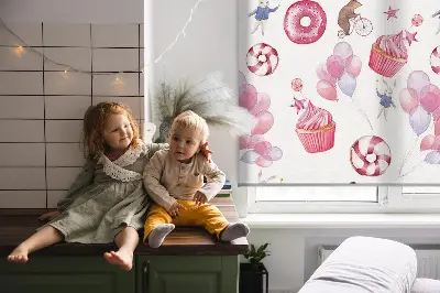 Verduisterend binnengordijn roze met ballonnen, donuts en konijntjes