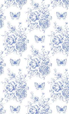 Verduisterend rolgordijn voor raam in blauw met bloemen- en vlinderprint