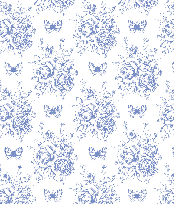 Verduisterend rolgordijn voor raam in blauw met bloemen- en vlinderprint