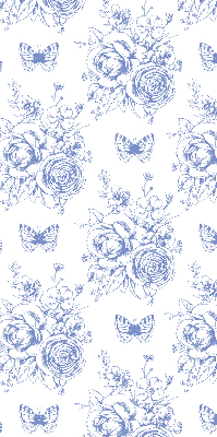 Verduisterend rolgordijn voor raam in blauw met bloemen- en vlinderprint