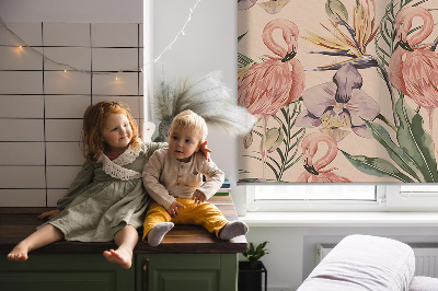 Binnenshuis verduisterend rolgordijn met flamingo's en bloemenprint