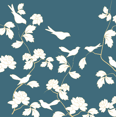 Binnenshuis verduisterend rolgordijn met witte vogels op witte bloemen