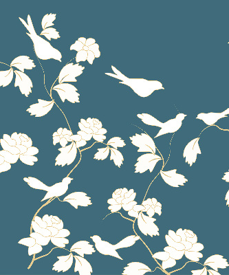Binnenshuis verduisterend rolgordijn met witte vogels op witte bloemen