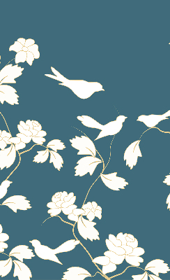 Binnenshuis verduisterend rolgordijn met witte vogels op witte bloemen