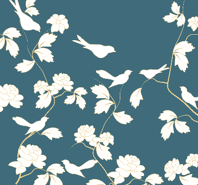 Binnenshuis verduisterend rolgordijn met witte vogels op witte bloemen