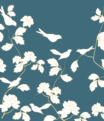 Binnenshuis verduisterend rolgordijn met witte vogels op witte bloemen