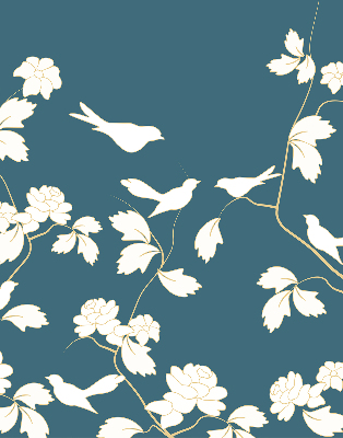 Binnenshuis verduisterend rolgordijn met witte vogels op witte bloemen