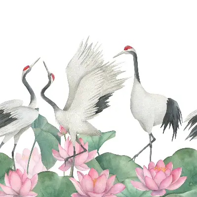 Verduisterend binnengordijn met kraanvogels tussen de lelies