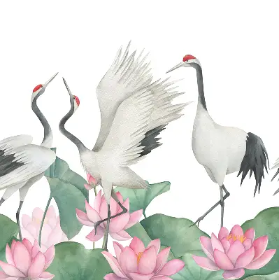 Verduisterend binnengordijn met kraanvogels tussen de lelies
