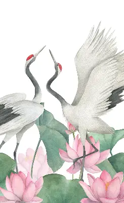 Verduisterend binnengordijn met kraanvogels tussen de lelies