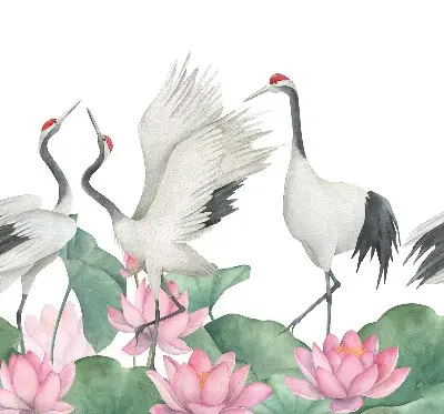 Verduisterend binnengordijn met kraanvogels tussen de lelies